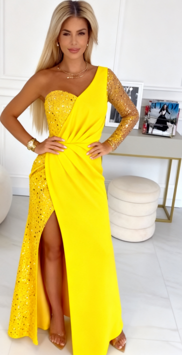 Przytula™ | Oriana — Elegancka Asymetryczna Suknia Maxi z Cekinami i Zmysłowym Rozcięciem