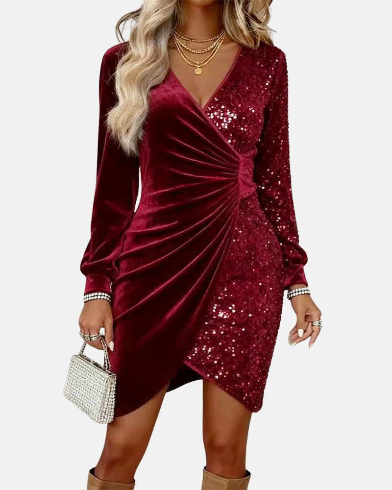 Przytula™ | Waleria — Luksusowa Aksamitna Sukienka z Cekinami i Marszczeniem