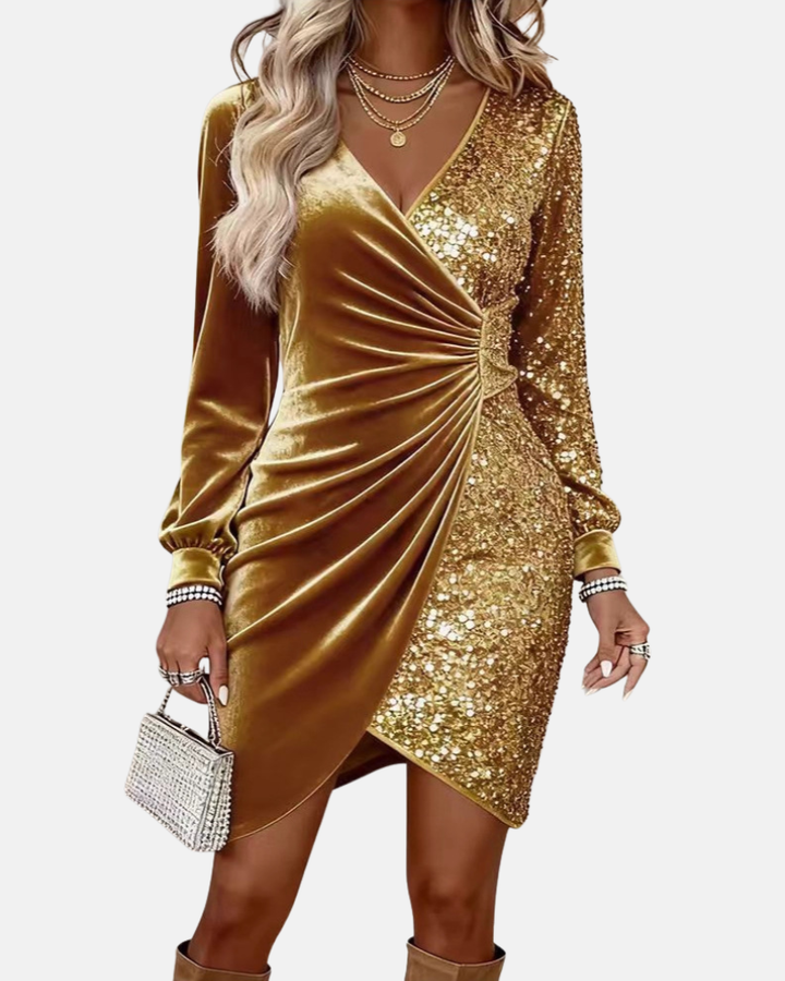 Przytula™ | Waleria — Luksusowa Aksamitna Sukienka z Cekinami i Marszczeniem