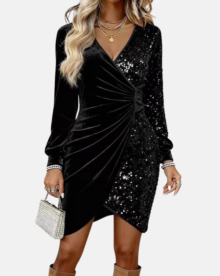 Przytula™ | Waleria — Luksusowa Aksamitna Sukienka z Cekinami i Marszczeniem