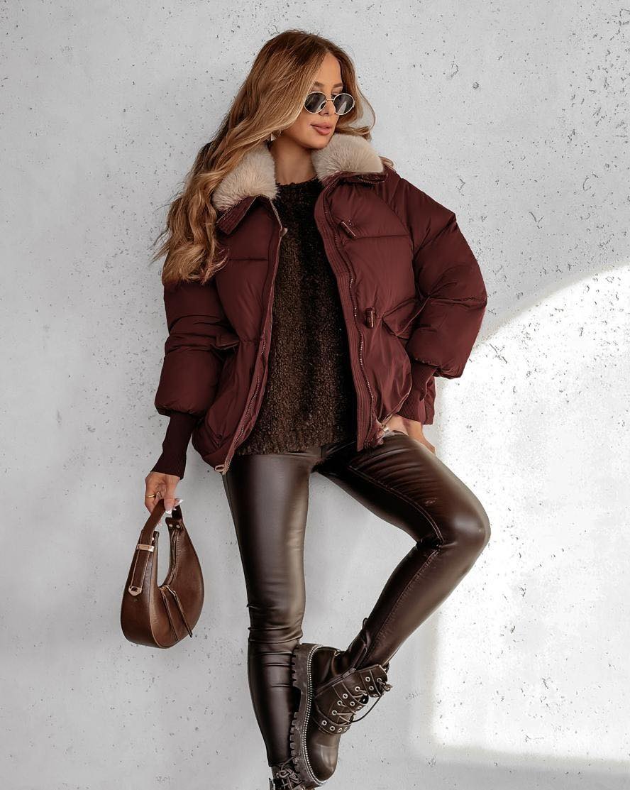 Przytula™ | Eleonora — Krótka Luksusowa Kurtka Puchowa z Futrzanym Kołnierzem