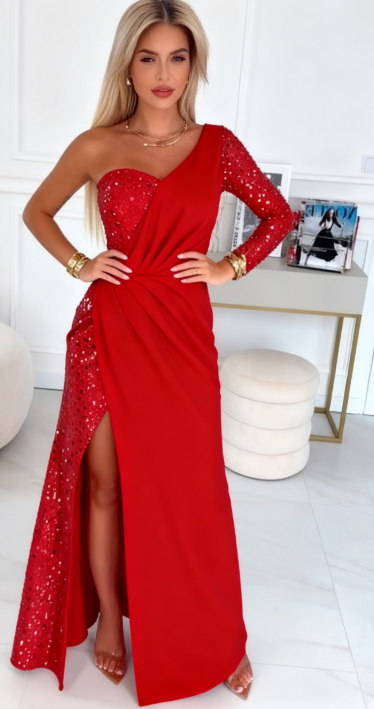 Przytula™ | Oriana — Elegancka Asymetryczna Suknia Maxi z Cekinami i Zmysłowym Rozcięciem