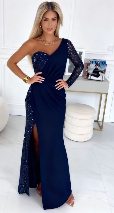 Przytula™ | Oriana — Elegancka Asymetryczna Suknia Maxi z Cekinami i Zmysłowym Rozcięciem