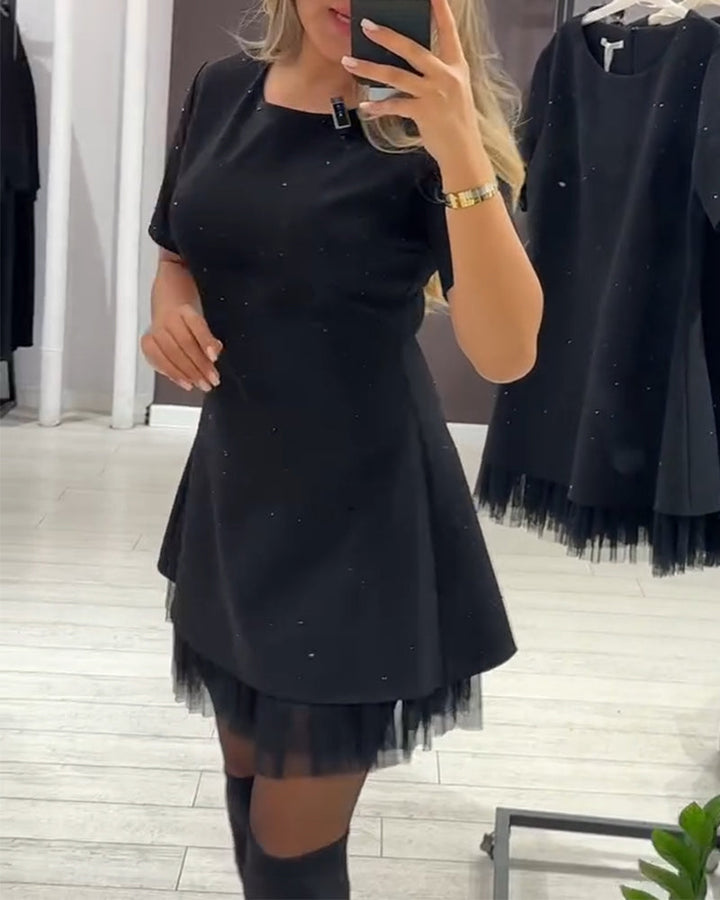 Przytula™ | Celestina — Elegancka Sukienka Mini z Subtelnym Połyskiem i Zwiewnym Tiulowym Wykończeniem