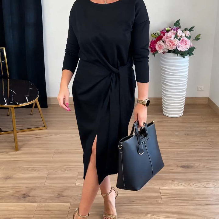 Przytula™ | Milena — Elegancka Sukienka z Wiązaniem i Delikatnym Rozcięciem